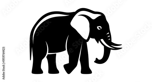 A black and white illustration of an elephant walking forward showcases its large ears and trunk.