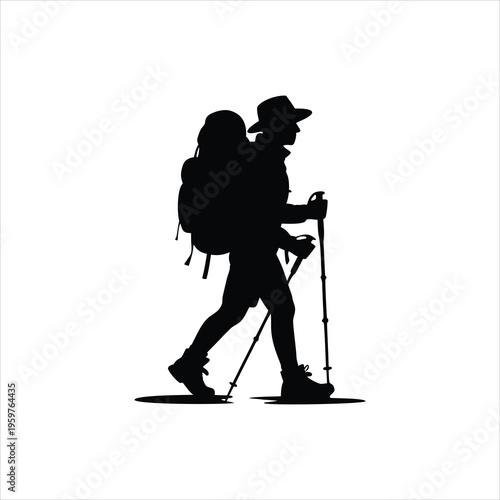 A hiker walking with trekking poles and a backpack on a plain background