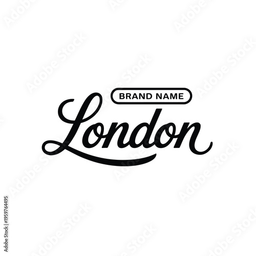 Elegant script typography spelling london with a brand name banner above