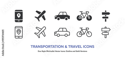 飛行機、車、自転車の乗り物と、道標やスマホ地図などナビゲーションのアイコンセット。線画と塗りの素材