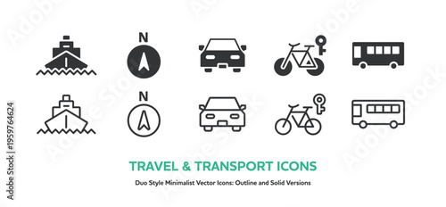 船、バス、車など交通機関と乗り物のアイコンセット。線画と塗りのベクター素材