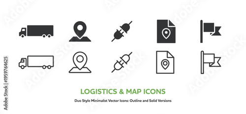 トラックや地図など物流とナビゲーションのアイコンセット。線画と塗りのベクター素材