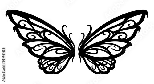 Black and white butterfly silhouette with detailed wings spread open.