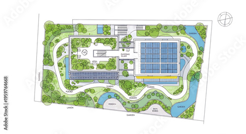 A detailed vector graphic illustration of a modern sports complex with tennis courts and a swimming pool