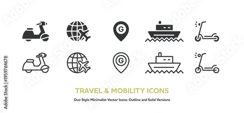 バイクや船、地球儀など海外旅行と乗り物のアイコンセット。線画と塗りのベクター素材