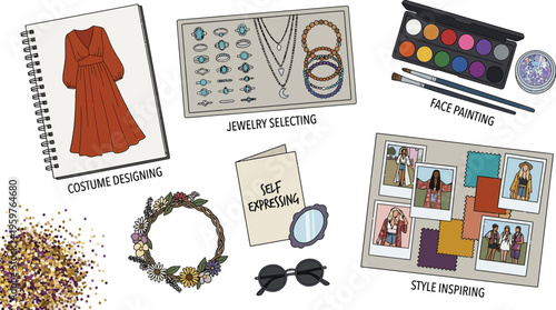Collection of items and activities related to creative hobbies like costume designing and style inspiration.