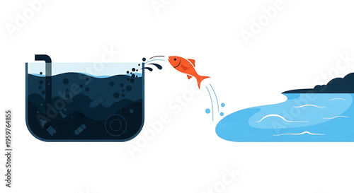 A vector graphic illustration of a fish jumping from a polluted tank into a clean body of water, symbolizing freedom and a healthier environment.