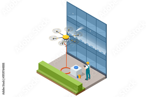 Isometric cleaning drone washing a tall glass facade while an operator controls the process from the ground. Modern service scene highlights automated window cleaning, robotics, smart building care.