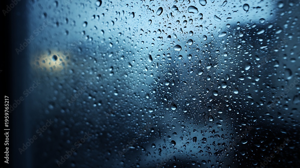 Obraz premium Abstract Blue Raindrops on Window Glass, Moody Atmosphere, Soft Bokeh Lights, Cozy Atmosphere, Water Texture Background