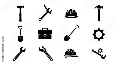 Collection of black construction tools and equipment icons isolated on white background