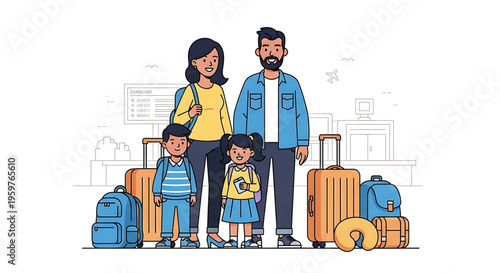 A happy family of four standing together with luggage at an airport terminal, ready for travel.