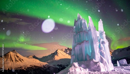 Frozen Landscape with Aurora Borealis Display.