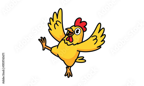 Happy yellow chicken with open wings dancing or celebrating joyfully