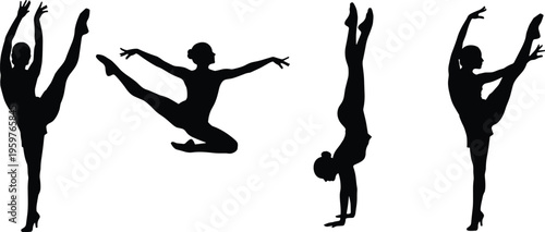 Vector Illustration of Graceful Female Gymnast Silhouettes Performing Rhythmic Gymnastics Ballet Dance Poses and Acrobatic Handstands for Sports Fitness and Artistic Performance Design