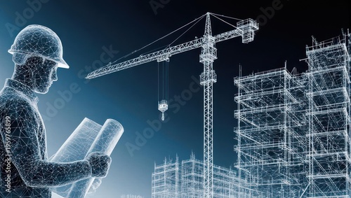 Digital architect with blueprints, a crane, and a building under construction