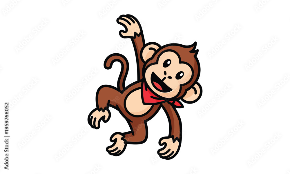 Obraz premium Playful brown monkey hanging with red bandana scarf cartoon character