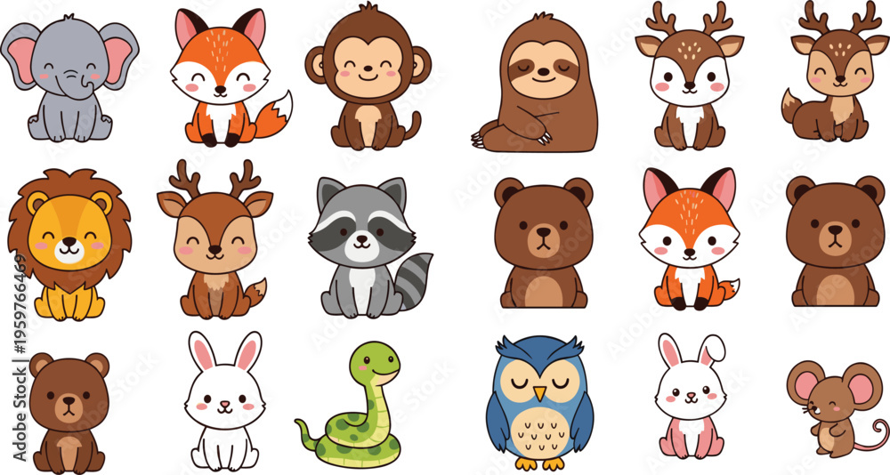 Fototapeta premium Cute Cartoon Woodland and Wild Animal Collection Featuring Fox, Bear, Deer, Owl, Rabbit, Raccoon, Lion and More for Kids Nursery and Education Design Projects.