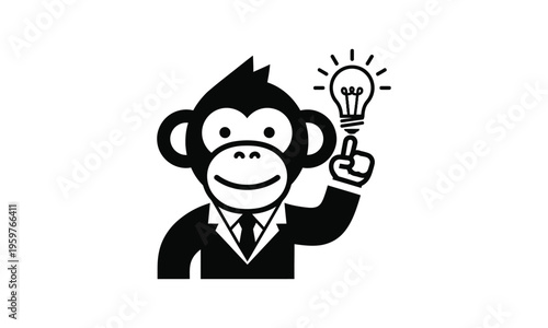 Smart chimpanzee in a suit with a glowing lightbulb idea above its head