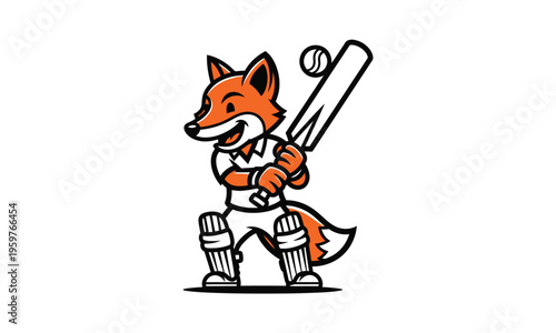 Smiling cartoon fox playing cricket holding bat and ball on white