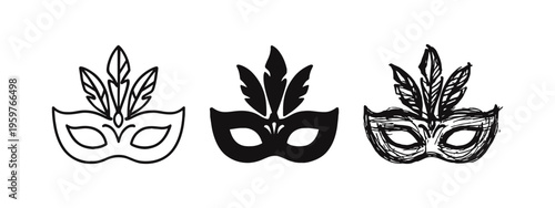 Elegant Masquerade Mask with Feathers Icons Set, Carnival Party and Mystery Symbol Vector
