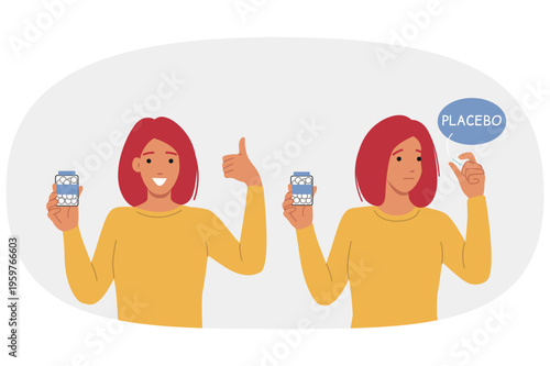 Placebo pills in hands of woman consuming pacifier medicine for psychological improvement and relief from pain. Girl shows thumbs up after consuming placebo and holds jar of medicinal vitamins in hand