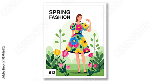 A vibrant woman in a colorful floral dress standing in a garden with flowers and greenery, representing spring fashion.