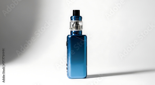 Blue vape device with clear tank on white background