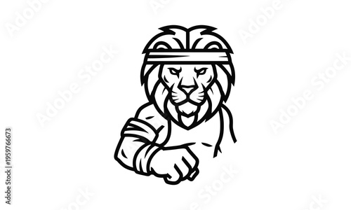 Strong lion fighter with headband and armbands, ready for battle