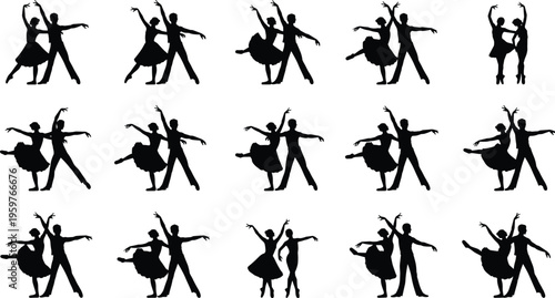 Vector Silhouette Set of Ballroom Dance Couples and Ballet Partners Performing Elegant Choreography and Romantic Poses for Artistic Performance Theater and Classic Dance Studio Design