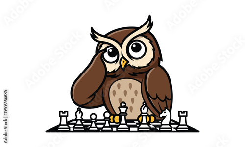 Wise owl contemplating chess strategy on a board with pieces vector
