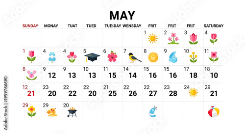 A colorful and playful vector graphic illustration of a May calendar with various icons and symbols