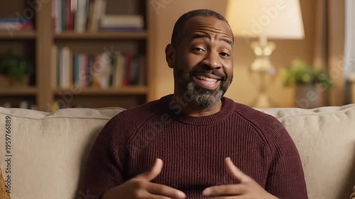 Mature black man sitting on a couch looking surprised and engaged