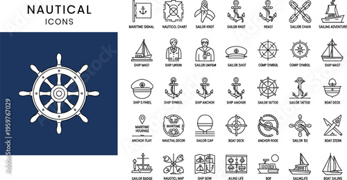 Large collection of nautical line icons set featuring maritime symbols including anchor ship wheel sailboat sailor compass ocean travel and sea navigation vector elements.