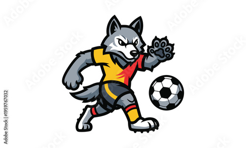 Wolf soccer player character in uniform kicking football vector logo