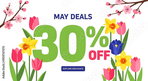A colorful vector graphic illustration of a spring sale with 30% off deals surrounded by tulips, daffodils, and cherry blossoms.