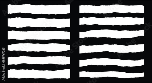 Torn paper edges set, ripped document borders, horizontal shredded paper strips, black and white frame design, cad drawing flat vector illustration