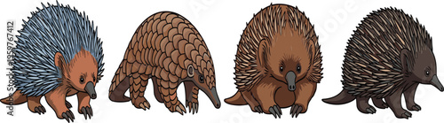 Echidna Animal Collection Featuring Multiple Cartoon Styles and Color Variations of Spiny Anteater Wildlife Characters for Nature Education and Kids Design Projects.
