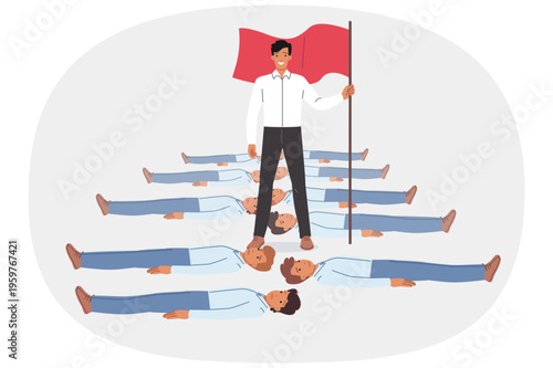 Businessman crushed competitors and holds red flag standing over exposed bodies of colleagues. Businessman achieved career success thanks to ambition or willingness to go above and beyond