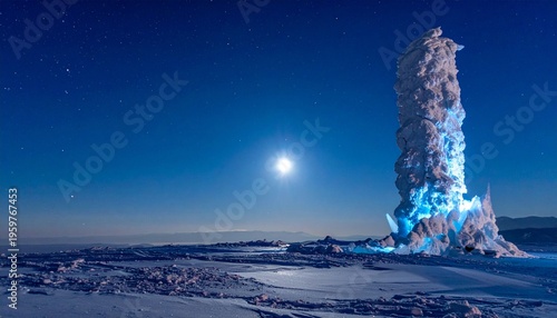 Frozen Waterfall at Night with Full Moon.