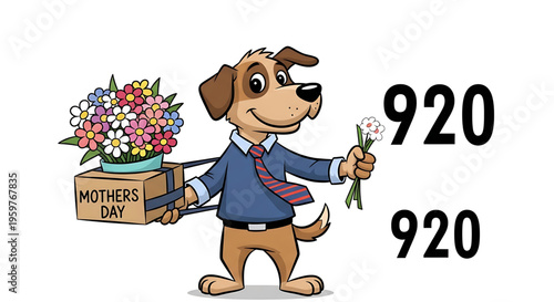 A cartoon dog in a business shirt and tie holding flowers and a gift box for Mother's Day