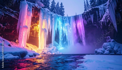 Frozen Waterfall with Colorful Lights and Snow.