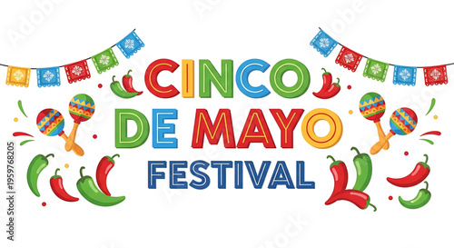 A vibrant Cinco de Mayo festival logo with colorful text and festive decorations