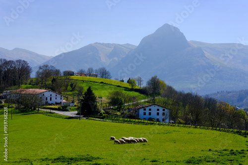 Cuadro en lienzo Meadows and farmhouses in Gainza, with Mount Txindoki in the background