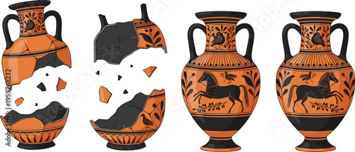 Ancient Greek pottery amphora vector set featuring traditional terracotta vases with black figure horse illustrations including both whole and broken ceramic pottery fragments.