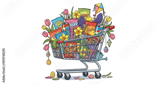 A colorful vector illustration of a shopping cart filled with groceries and flowers