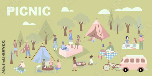 A colorful illustration depicts a lively picnic scene with people and tents