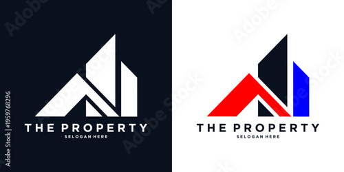 A creative abstract property logo combining house roof shapes and building elements in red and blue colors, ideal for real estate agencies, developers, and construction companies.