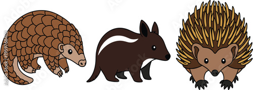Cute Australian Wildlife Animal Set Featuring Pangolin, Numbat, and Echidna Cartoon Style Vector Illustration for Educational, Nature, and Kids Design Projects.