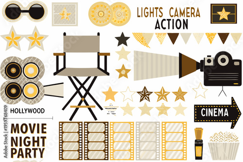 Colorful movie themed stickers featuring clapperboards stars and a director s chair