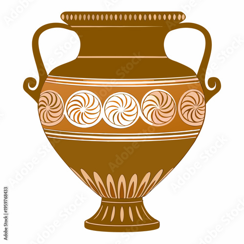 Ancient greek amphora with decorative spiral patterns and handles shown